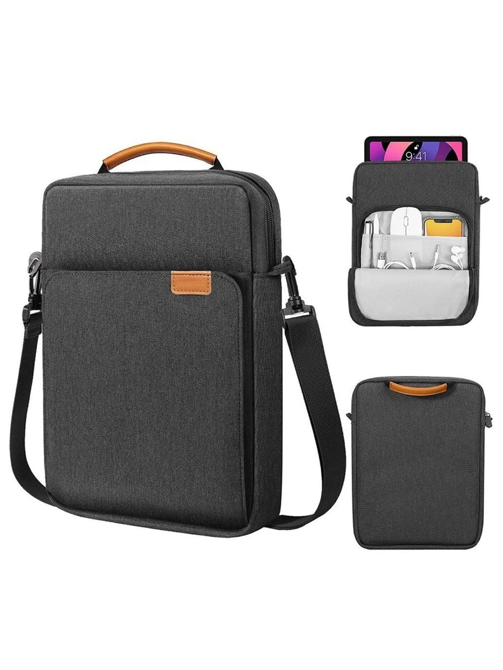 Men's Gray Crossbody Tablet Bag with Tan Accents